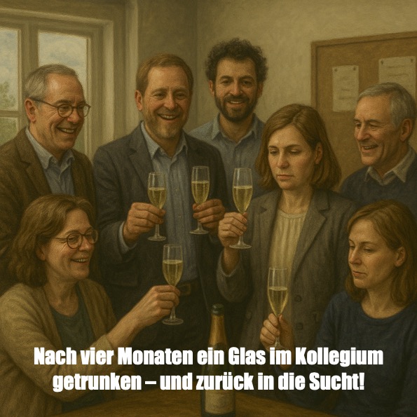 Auch ich habe, nach 4 Monaten Trockenheit am letzten Schultag im Kollegium, wie üblich, ein Glas Sekt getrunken.