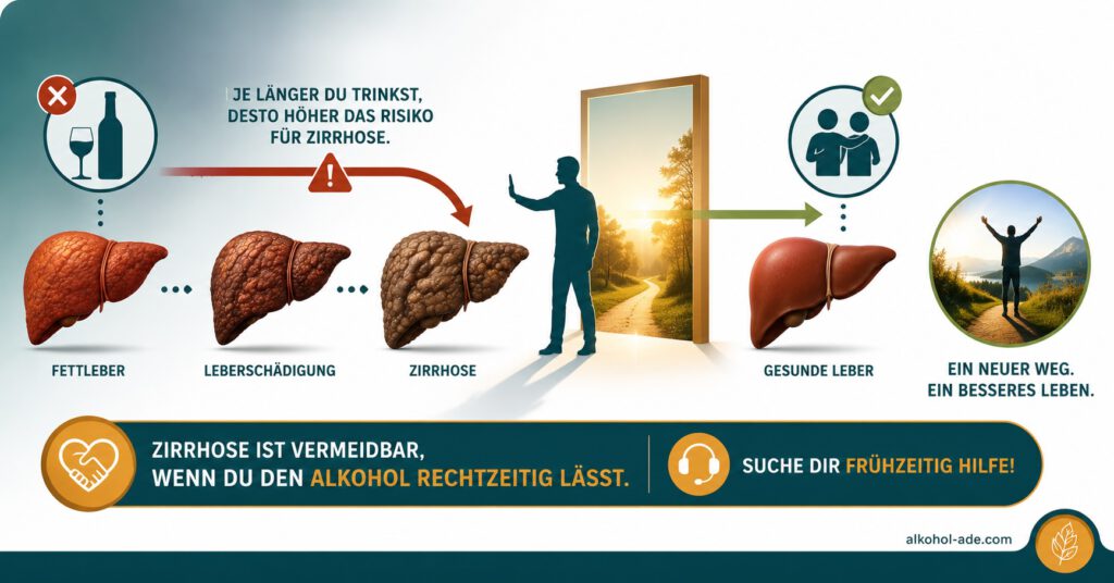 Infografik zur Prävention alkoholbedingter Zirrhose: Der Weg von der Fettleber zur Zirrhose ist oft vermeidbar, wenn Alkohol frühzeitig aufgegeben und rechtzeitig Hilfe in Anspruch genommen wird.