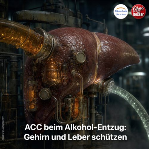 Surrealistische Darstellung einer menschlichen Leber als überlastete Industrieanlage, in die eine bernsteinfarbene Flüssigkeit und ein heller, mit Partikeln durchsetzter Strom fließen.
