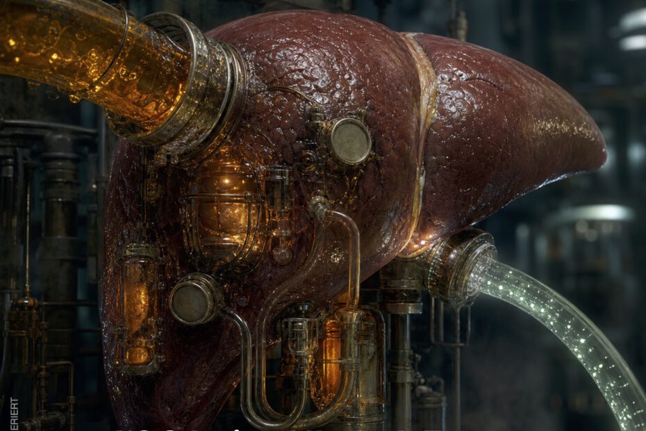 Surrealistische Darstellung einer menschlichen Leber als überlastete Industrieanlage, in die eine bernsteinfarbene Flüssigkeit und ein heller, mit Partikeln durchsetzter Strom fließen.