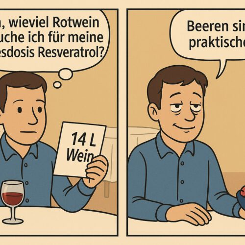Comic. Mann rechnet aus, wieviel Wein er wohl trinken müsse, um auf seine Tagesdosis Resveratrol zu kommen.