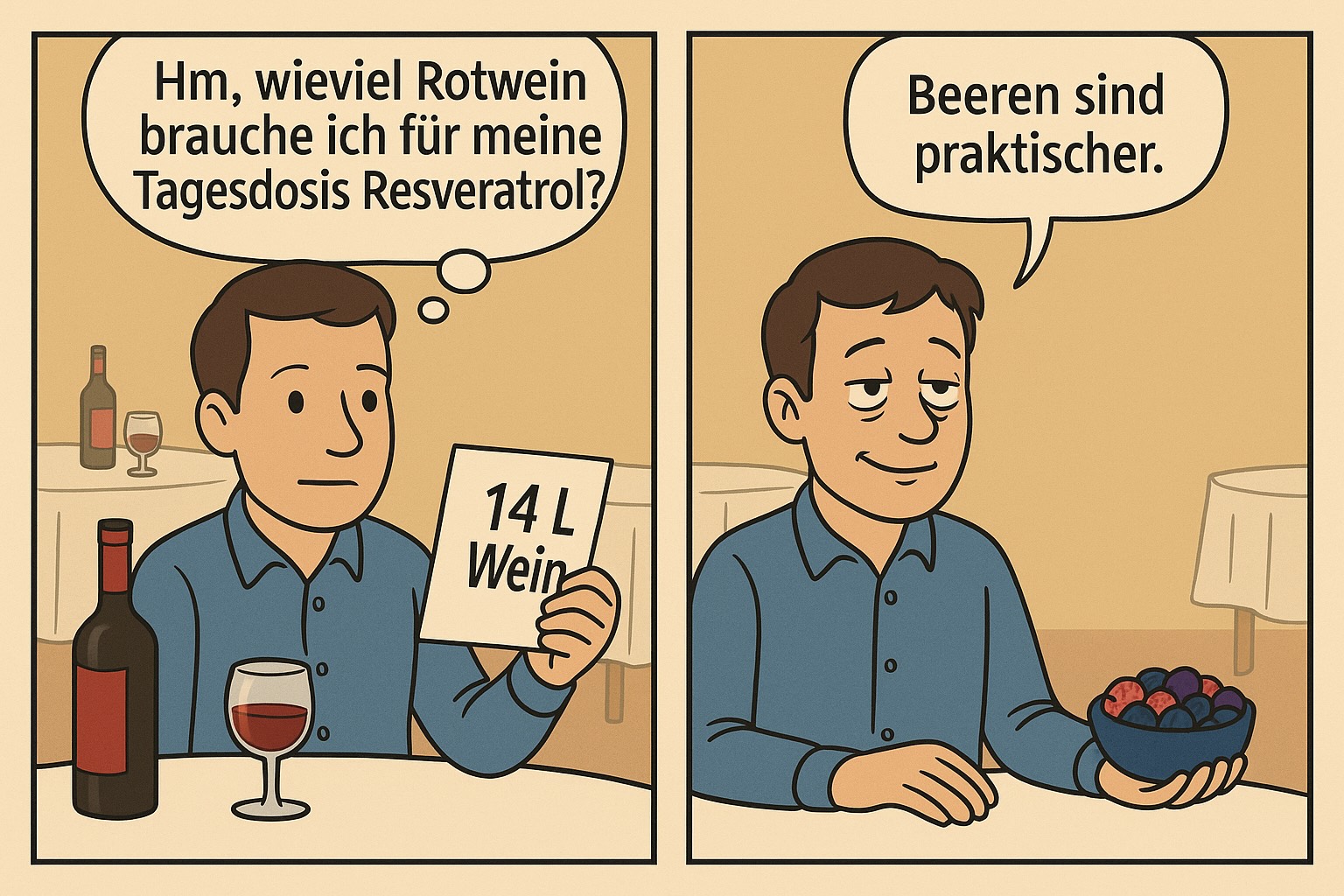 Comic. Mann rechnet aus, wieviel Wein er wohl trinken müsse, um auf seine Tagesdosis Resveratrol zu kommen.