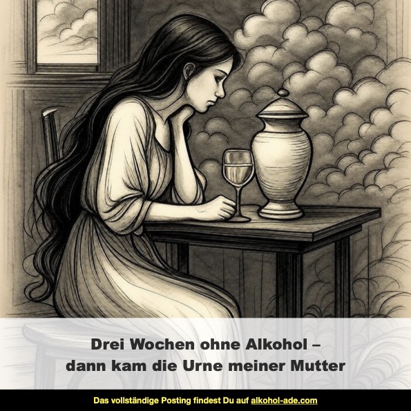 Frau sitzt mit einem Glas Wein vor der Urne ihrer Mutter.