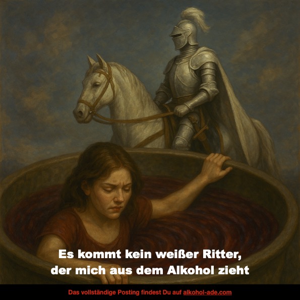 Symbolisches Bild. Frau versinkt im Alkohol, aber der weiße Ritter interessiert sich nicht für sie.