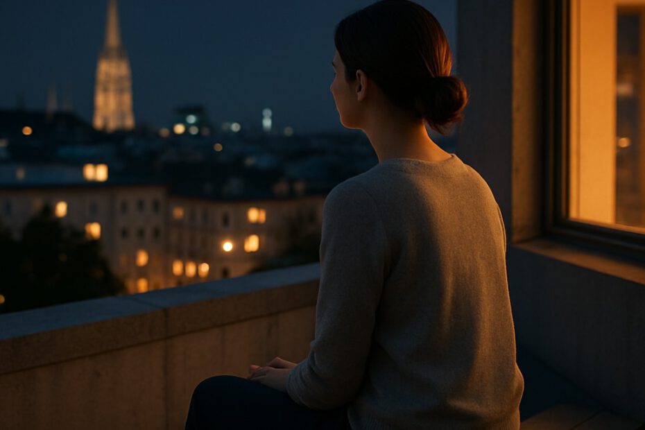 GABA macht ruhig, Alkohol stört das System: Frau sitzt entspannt auf einer Dachterasse