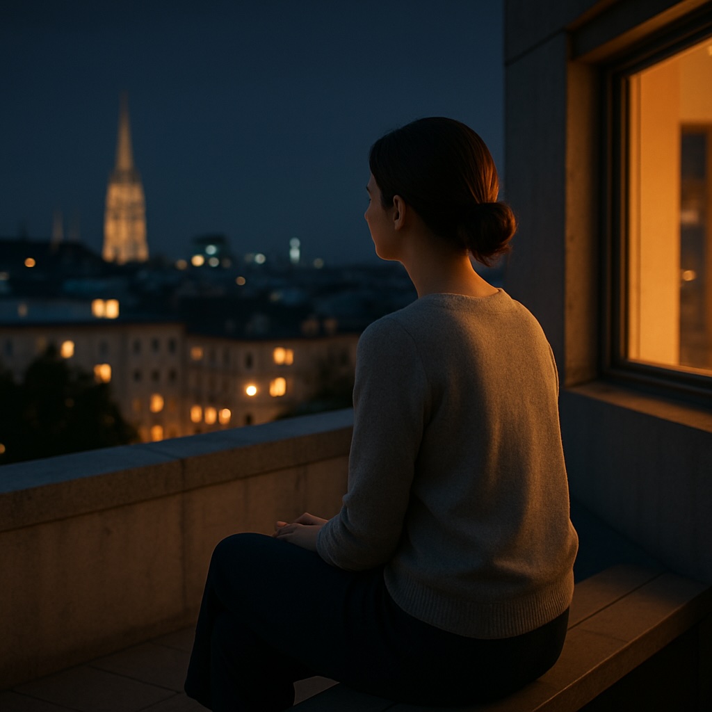 GABA macht ruhig, Alkohol stört das System: Frau sitzt entspannt auf einer Dachterasse