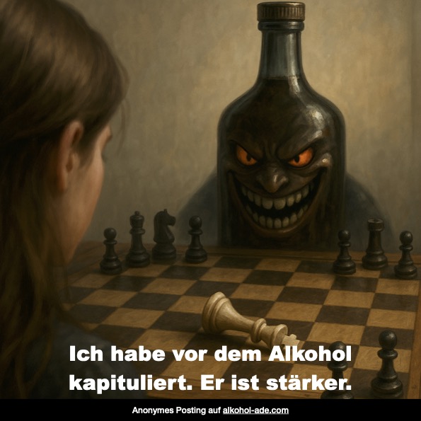 Kapitulation vor dem Alkohol, dargestellt anhand eines Schachspiels.