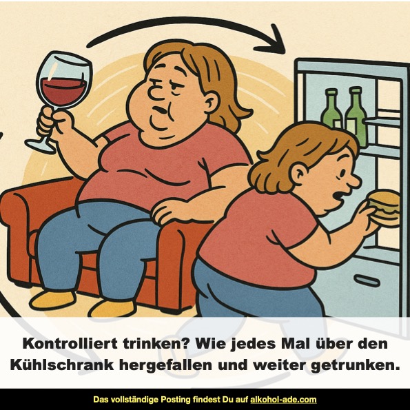 Karikatur. Frau versucht kontrolliert zu trinken, pendelt zwischen Weinglas undn Kühlschrank