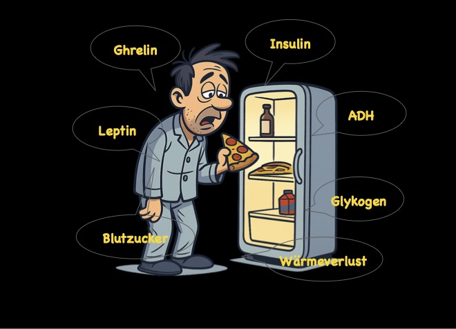 Mann hat abends Alkohol getrunken und steht nun mitten in der Nacht hungrig vorm Kühlschrank