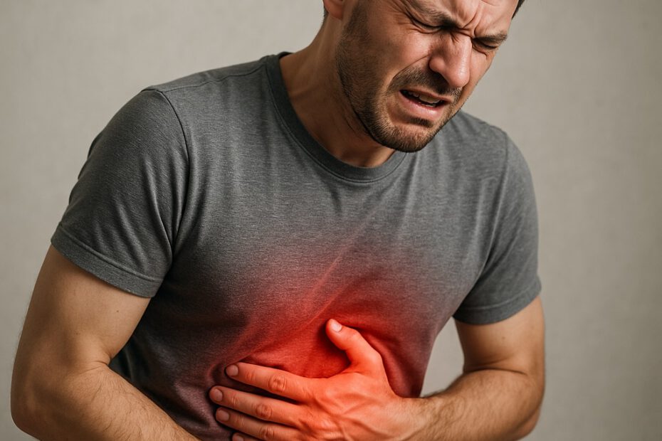 Bild: Mann mit schmerzhafter Entzündung der Bauschspeichelfrüse hält sich den schmerzenden Bauch