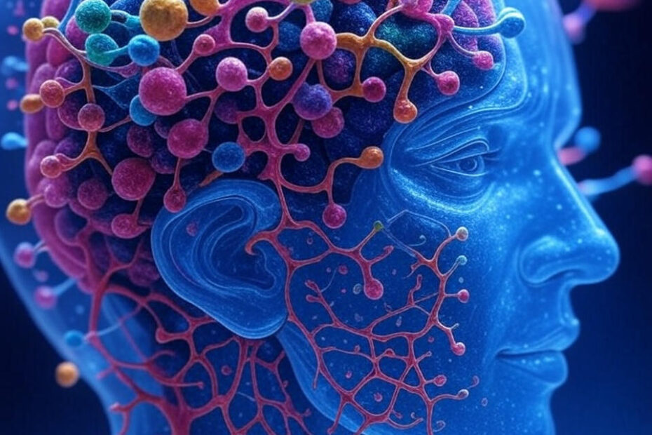 Symbolische Darstellung der Gehirnchemie: bunte Netzwerke und Moleküle, die Unruhe im Alkoholentzug visualisieren