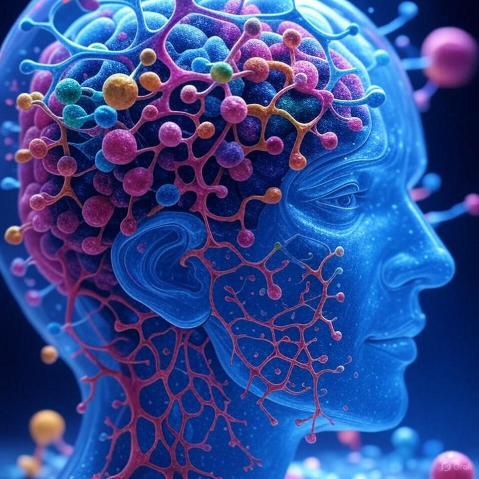 Symbolische Darstellung der Gehirnchemie: bunte Netzwerke und Moleküle, die Unruhe im Alkoholentzug visualisieren