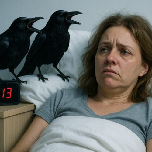 Frau liegt um 03:13 Uhr wach im Bett; Krähen als Symbol für Angst, digitaler Wecker