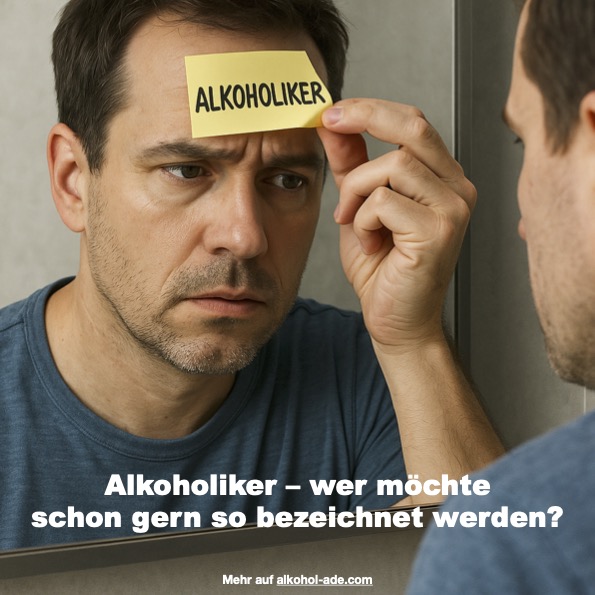 Man schaut nachdenklich in einen Spiegel, auf seiner Stirn ein Sticker mit der Aufschrift "Alkoholiker"