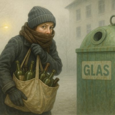 Frau schleicht verhüllt zum Altglascontainer