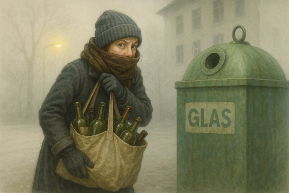 Frau schleicht verhüllt zum Altglascontainer