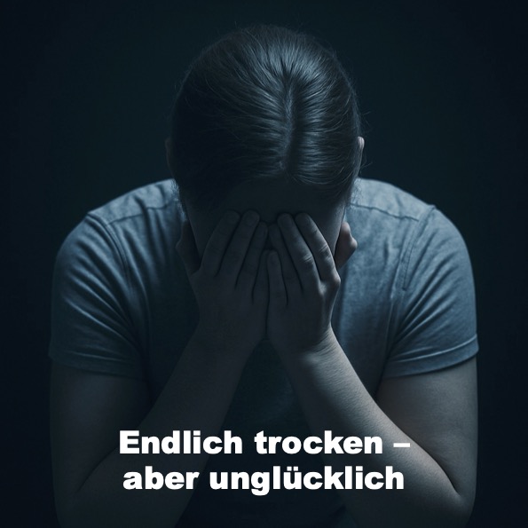 Erschöpfte Person nach Alkoholentzug, Kopf in den Händen – Symbolbild unhappy dry“