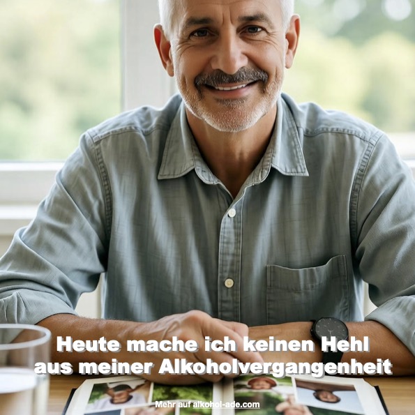 Mann sitzt lächelnd vor einem Fotoalbum mit Bildern aus seiner Vergangenheit