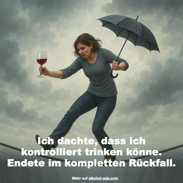 Eine Frau balanciert auf einem schmalen Seil über einem dunklen Abgrund.