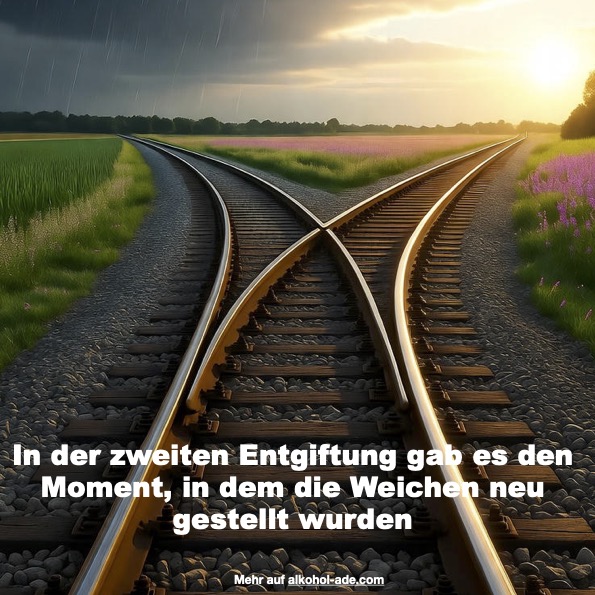 Gleis teilt sich an einer Weiche in zwei Gleisstränge, einer führt in warmes Licht, der andere in schlechtes Wetter