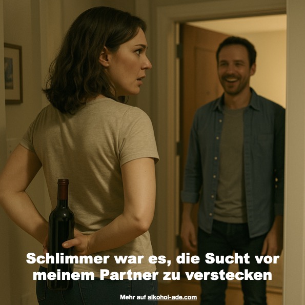Alkoholsüchtige Frau wird von ihrem Partner überrascht und versteckt schnell ihre Weinflasche hinter ihrem Rücken
