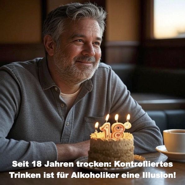 Mann sitzt vor einem Kuchen und feiert 18 Jahre Abstinenz