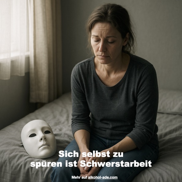 Frau sitzt erschöpft aus dem Bett, neben sich eine Maske
