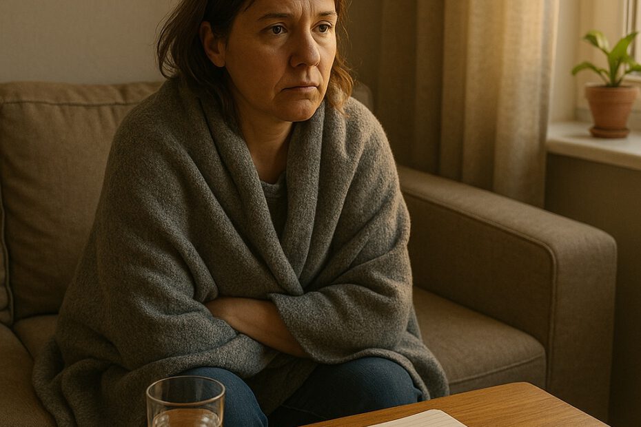 Frau sitzt nachdenklich vor einem Notizblock