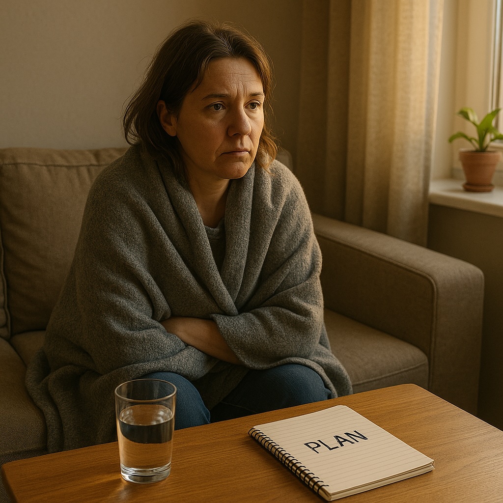 Frau sitzt nachdenklich vor einem Notizblock