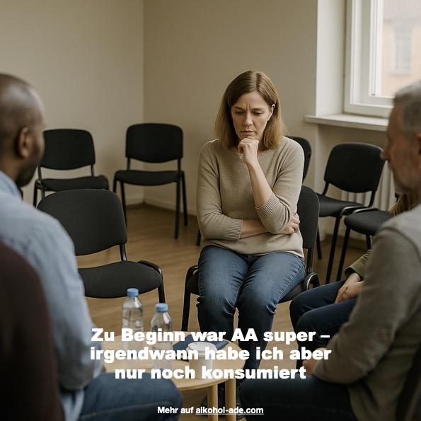 Frau sitzt nachdenklich in einer Gruppemsitzung der Anonymen Alkoholiker