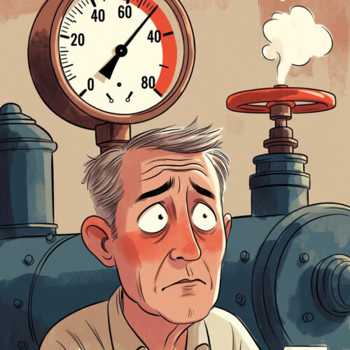 Karikatur: Mann mit rotem Gesicht sitzt vor einem Manometer und einem Weinglas