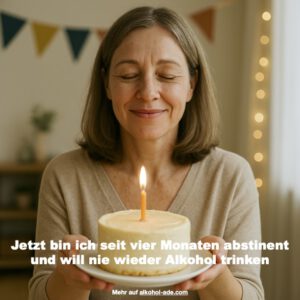Frau hält kleinen Jubiläumskuchen und freut sich
