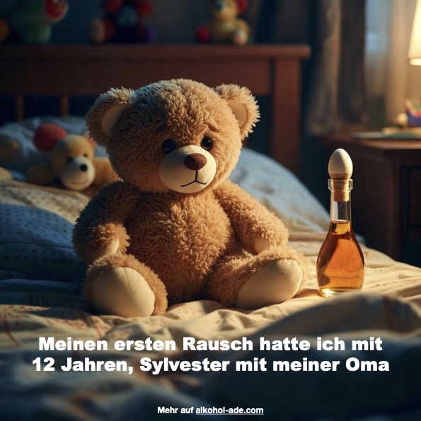 Kinder-Teddy sitzt auf einem Bett, daneben eine Schnapsflasche