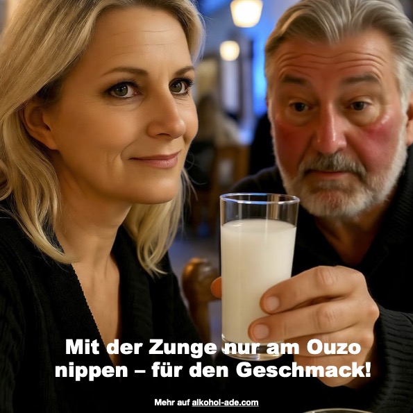 Mann und Frau in Restaurant. Er versucht ihr Ouzo aufzudrängen, sie lehnt ab