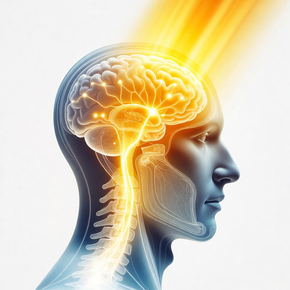 Symbolbild: Sonnenstrahlen scheinen auf ein Gehirn