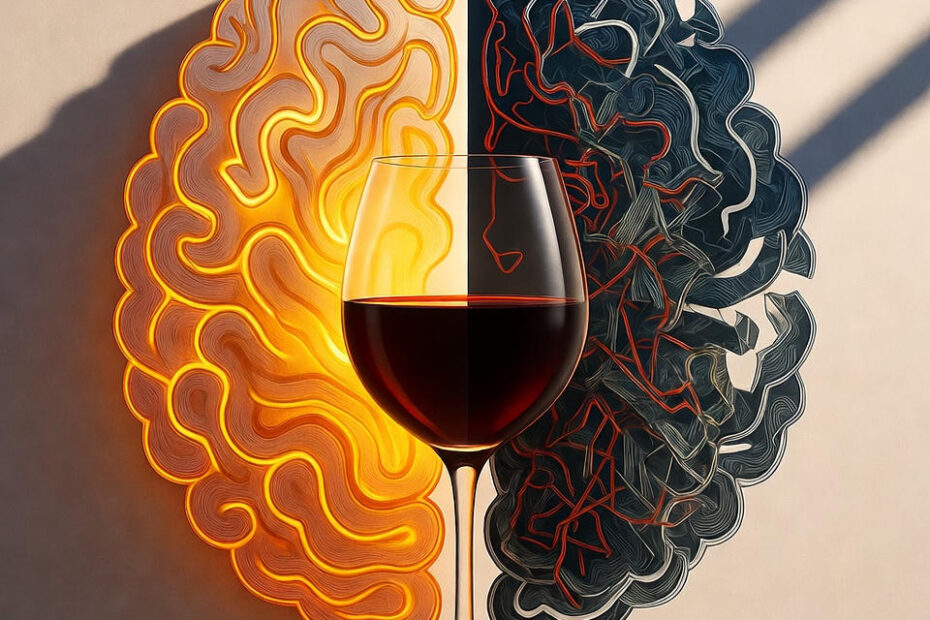 Zwei Gehirne – eines hell, eines dunkel – mit einem Glas dazwischen