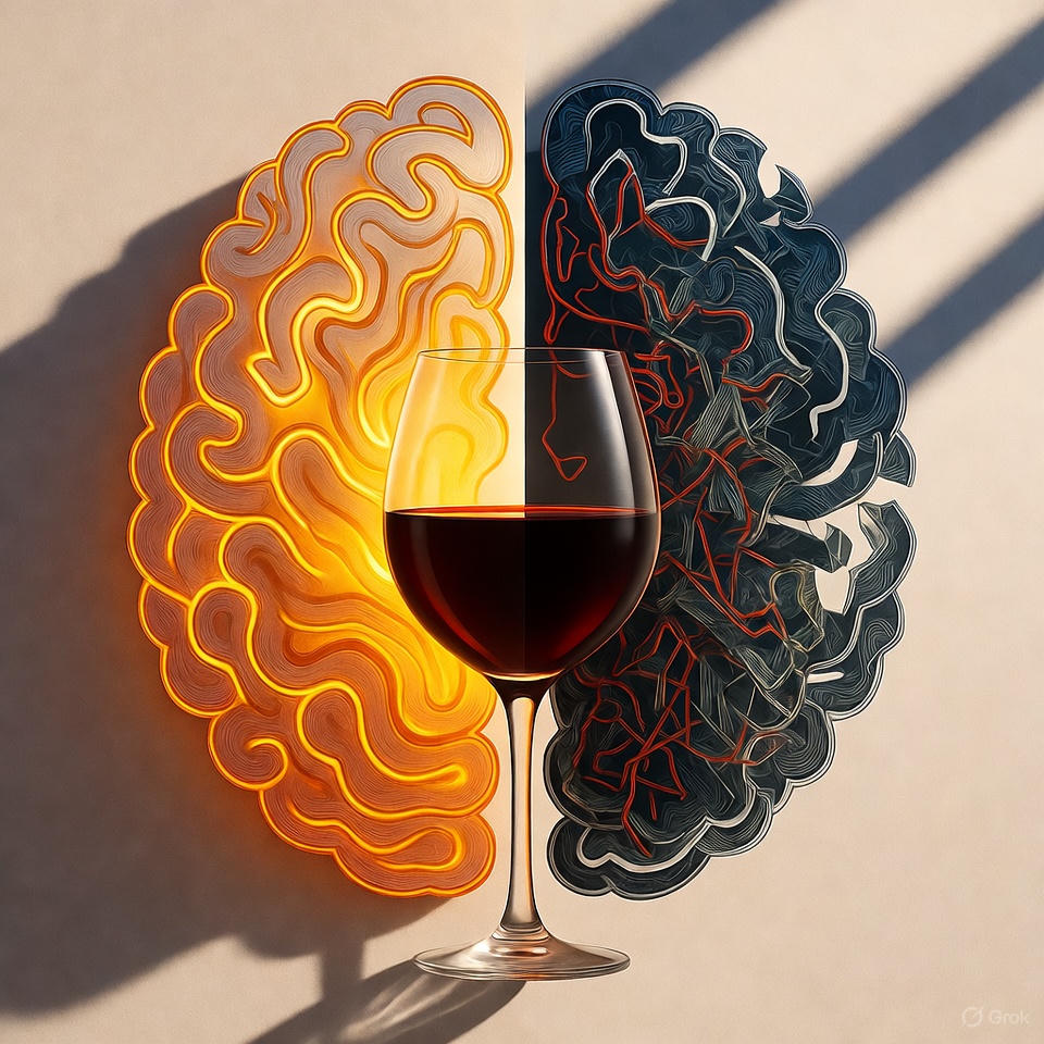 Zwei Gehirne – eines hell, eines dunkel – mit einem Glas dazwischen