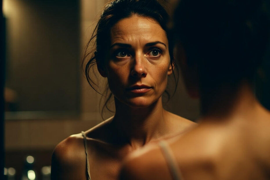 Frau schaut prüfend in den Badezimmerspiegel