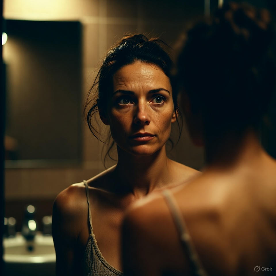 Frau schaut prüfend in den Badezimmerspiegel