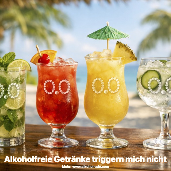 Mehrere Cocktails auf einem Bartresen einer Strandbar aufgereiht, auf jedem Glas steht groß "0,0". Im Hintergrund unscharf tropische Urlaubsatmosphäre, Strand, Palmen.