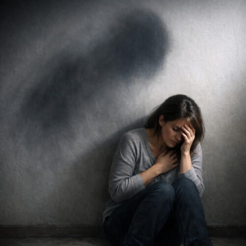 Eine Frau sitzt vor einer Wand, hinter ihr ein diffuser Schatten. Sie hat Angst.