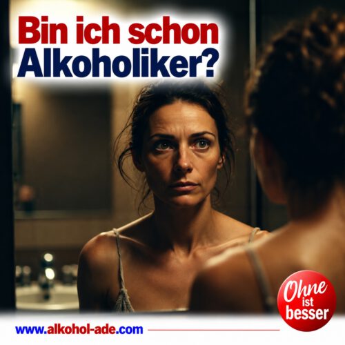 Nachdenkliche Frau betrachtet sich mit ernstem, verunsichertem Blick in einem schwach beleuchteten Badezimmerspiegel. Die düstere Atmosphäre unterstreicht ihre Auseinandersetzung mit dem eigenen Alkoholkonsum. Überschrift: „Bin ich schon Alkoholiker?“