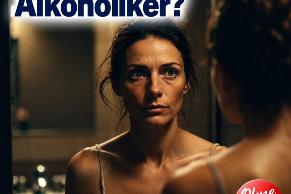 Nachdenkliche Frau betrachtet sich mit ernstem, verunsichertem Blick in einem schwach beleuchteten Badezimmerspiegel. Die düstere Atmosphäre unterstreicht ihre Auseinandersetzung mit dem eigenen Alkoholkonsum. Überschrift: „Bin ich schon Alkoholiker?“