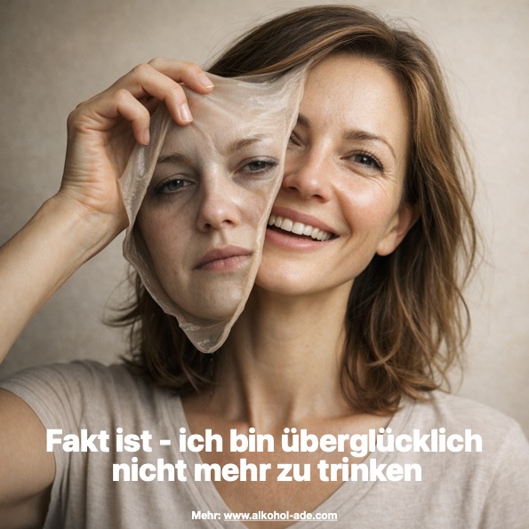 FRau zieht sich Silikonmaske vom Gesicht, die ihr früheres Ich spiegelt aus der Zeit, als sie noch getrunken hat