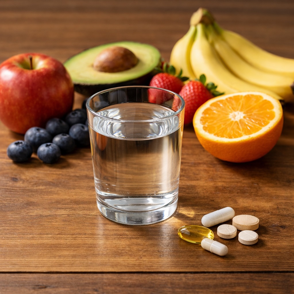 Stilleben mit Obst, Supplementen und einem Glas Wasser