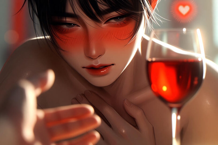 Frau schaut mit gerötetem Gesicht auf ein Weinglas. Künstlerische Darstellung einer Reaktion auf Histamin.