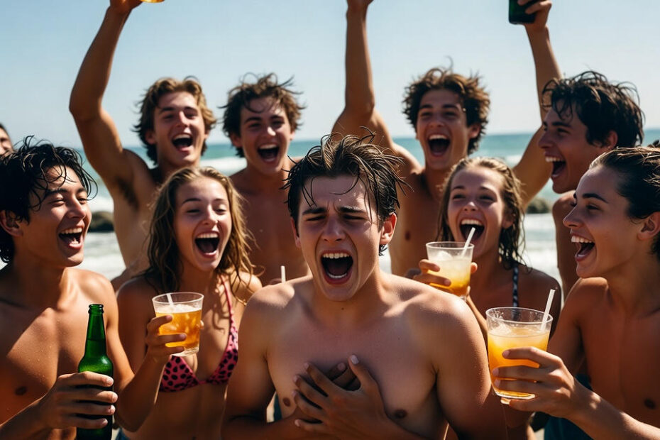 Menschen machen Party am Strand. In der Mitte steht ein Mann und fasst sich ans Herz