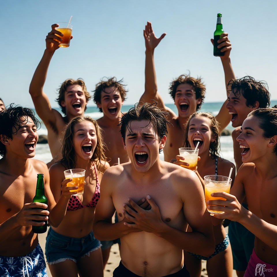 Menschen machen Party am Strand. In der Mitte steht ein Mann und fasst sich ans Herz