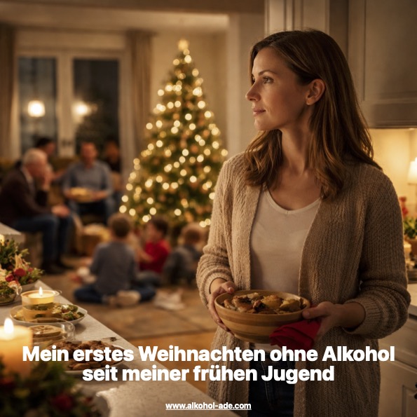 Frau steht am Heiligabend nachdenklich im Wohnzimmer