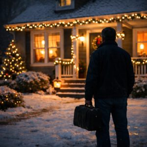 Mann steht mit kleinem Koffer vor einem weihnachtlich beleuchteten Haus